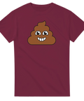 Bajsemoji med leende ansikte på vinröd t-shirt.