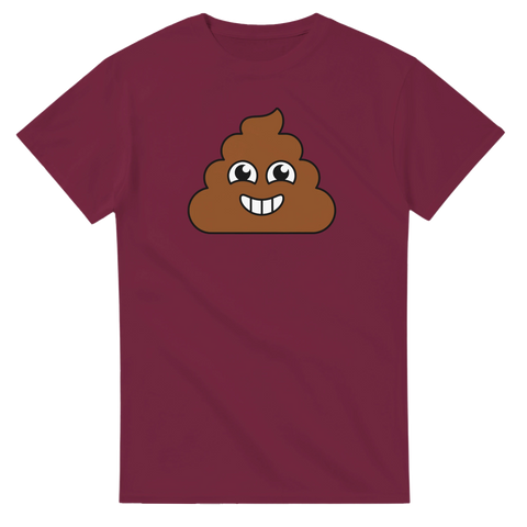Bajsemoji med leende ansikte på vinröd t-shirt.