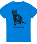 Blå t-shirt med minimalistisk svartvit kattdesign för stolta kattpappor