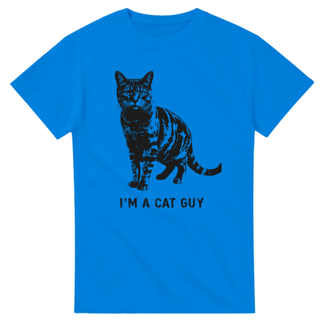 Blå t-shirt med minimalistisk svartvit kattdesign för stolta kattpappor