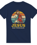 Satirisk religiös illustration med tecknad Jesus och djävul – grafiskt tryck