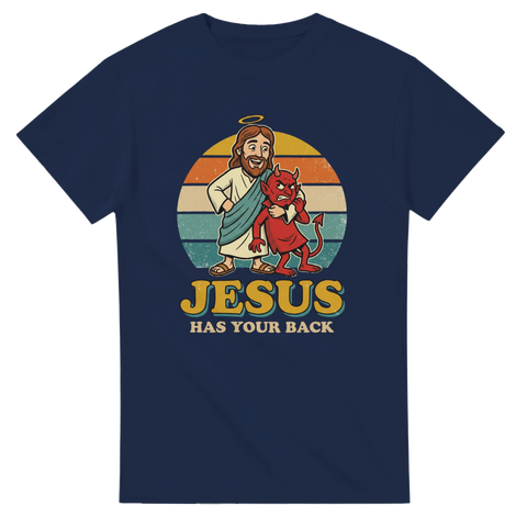 Satirisk religiös illustration med tecknad Jesus och djävul – grafiskt tryck