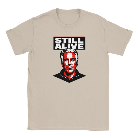 Popkonst-porträtt av Jeffrey Epstein med texten "STILL ALIVE" på beige t-shirt.