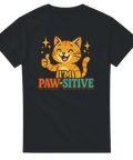 Svart t-shirt med samma motiv: glad katt med tummen upp och texten "I'm Paw-sitive".