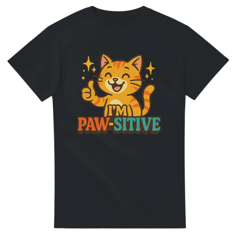 Svart t-shirt med samma motiv: glad katt med tummen upp och texten "I'm Paw-sitive".