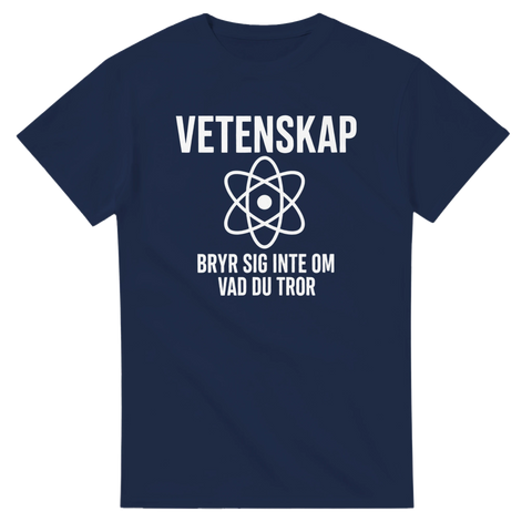 Mörkblå t-shirt med budskapet Vetenskap bryr sig inte om vad du tror