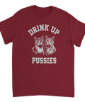 Vintage grafiskt kattryck med humoristiskt citat på en vinröd t-shirt