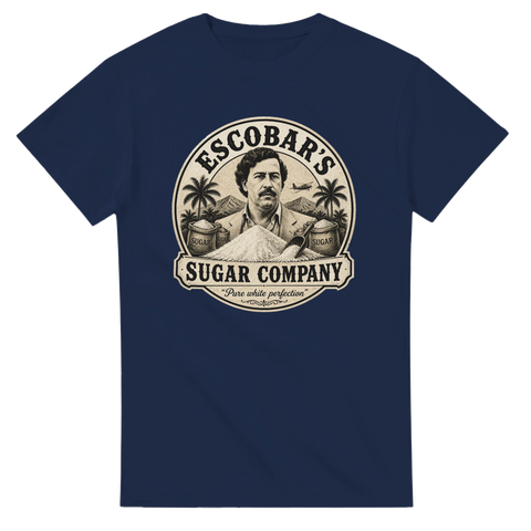 Retro reklamtryck för Escobars Sugar Company – marinblå t-shirt med mörk humor