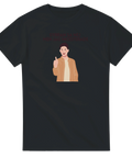 Svart t-shirt med provokativt citat och minimalistisk gubbe med tumme upp