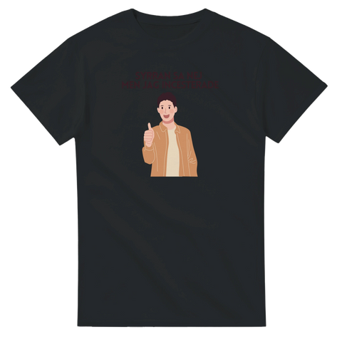 Svart t-shirt med provokativt citat och minimalistisk gubbe med tumme upp