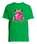Psykedelisk groda i neonrosa och grönt på grön t-shirt