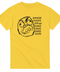 Grafisk Rage Guy illustration med humoristisk text på en gul t-shirt