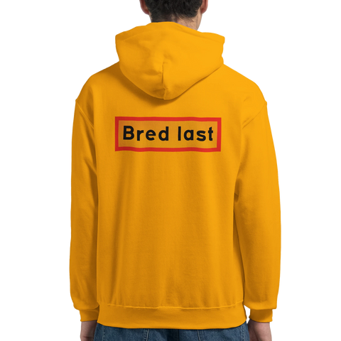 gul hoodie med ryggtryck och texten bred last