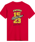 Gustav Vasa 1523 Sweden-tryck i gult och svart på röd premium t-shirt.