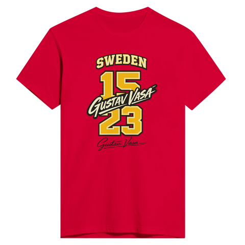 Gustav Vasa 1523 Sweden-tryck i gult och svart på röd premium t-shirt.