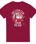 Grafiskt tryck med jultomten i klassisk reklamstil på röd t-shirt