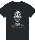 Maniskt leende och stirrande ögon – grafisk illustration på svart t-shirt