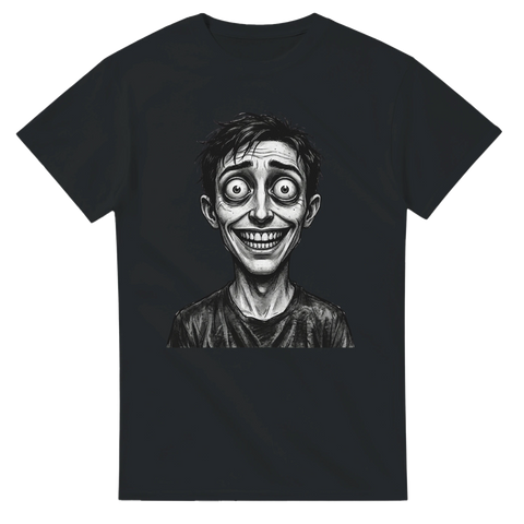 Maniskt leende och stirrande ögon – grafisk illustration på svart t-shirt