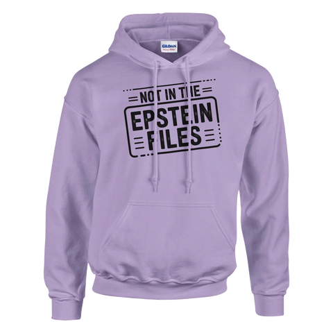 Lila hoodie med grafiskt statement-tryck om Epstein-listan