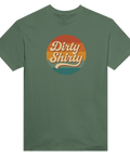 Dirty Shirty-logga med retro solnedgång i orange, gult, turkost och grön t-shirt.