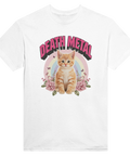 Kontrastrik illustration av kattunge och metal-logga på vit t-shirt