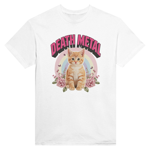 Kontrastrik illustration av kattunge och metal-logga på vit t-shirt
