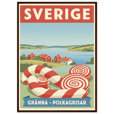 Inramad väggkonst i vintagestil som föreställer ett svenskt sommarlandskap med sjö och klassiska polkagrisstänger.