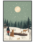 Detalj på ett rådjur och en liten hund i ett snötäckt landskap med minimalistiska vinterträd och buskar.