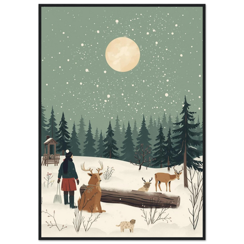 Detalj på ett rådjur och en liten hund i ett snötäckt landskap med minimalistiska vinterträd och buskar.
