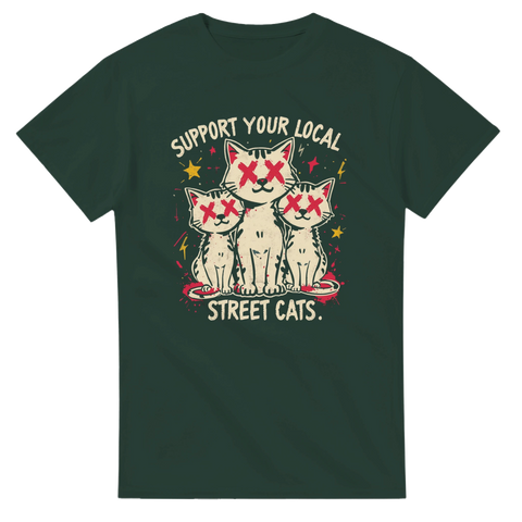 Grafiskt motiv med kaxiga gatukatter i retrostil på skogsgrön t-shirt