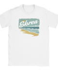 Retroinspirerad illustration av Skrea strand tryckt på vit t-shirt