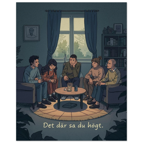 Närbild på en poster föreställande människor som sitter i en soffgrupp under dämpad belysning i ett mörkt rum.