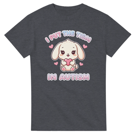 Pastellfärgat kaninmotiv med texten I put the tism in autism på grå t-shirt