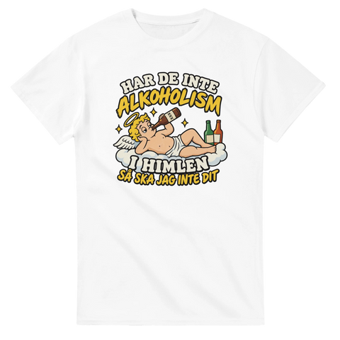 Retroinspirerat motiv med ängel och text om alkoholism – t-shirt med mörk humor