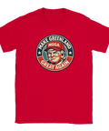 Satirisk Donald Trump-logga "Make Greenland Great Again" på röd t-shirt.