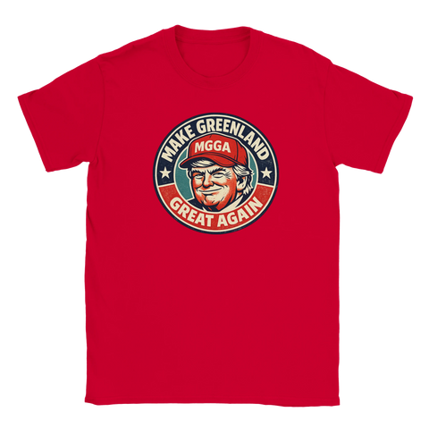 Satirisk Donald Trump-logga "Make Greenland Great Again" på röd t-shirt.