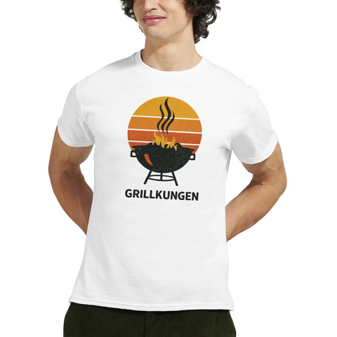 Retro grill med flammor och text "GRILLKUNGEN" på vit t-shirt.