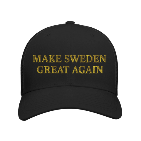 Svart keps med gul broderi med texten Make Sweden Great again