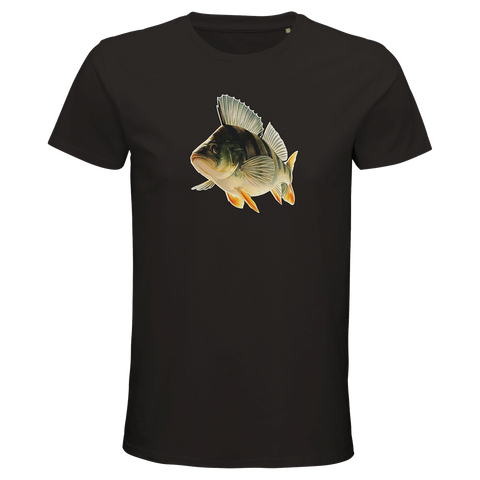 Detaljerad illustration av abborre med utfällda fenor på svart t-shirt