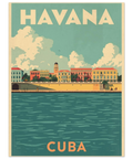 Vintageinspirerad Havana reseposter med motiv av Kubas arkitektur i mid-century stil med texten Havana och Cuba.