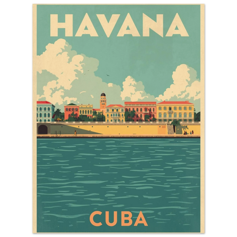 Vintageinspirerad Havana reseposter med motiv av Kubas arkitektur i mid-century stil med texten Havana och Cuba.