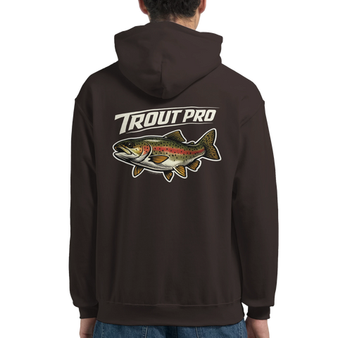 Brun hoodie med detaljrik illustration av en öring på ryggen