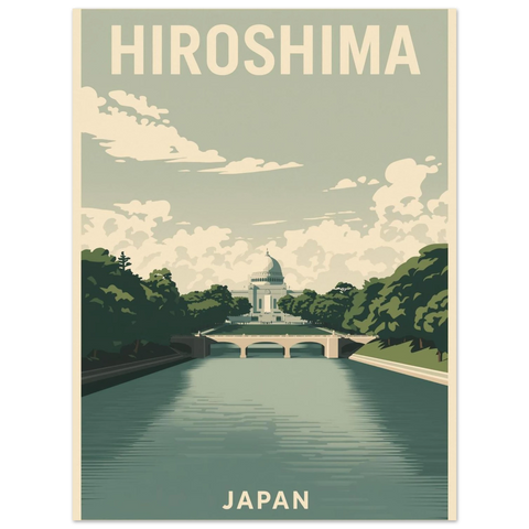 Vintageinspirerad reseposter föreställande Hiroshima Japan med gröna träd, vattenreflektioner och mjuka pastellfärger.