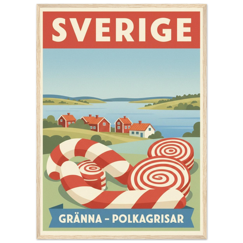 Svensk retro travel poster monterad i en svart träram som visar ett idylliskt motiv från polkagrisarnas stad.