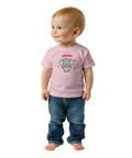 Tecknad elefant med text "KRAM?" och rosa hjärtan på ljusrosa baby-t-shirt.