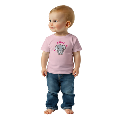 Tecknad elefant med text "KRAM?" och rosa hjärtan på ljusrosa baby-t-shirt.