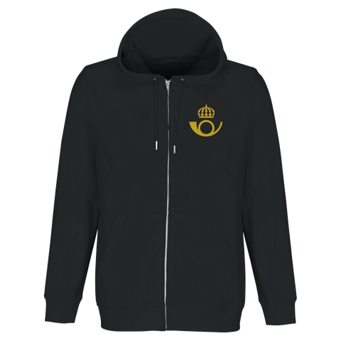 Svart huvtröja med dragkedja och klassiskt gult posthornsemblem