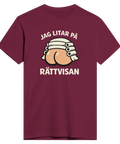 Vinröd t-shirt med absurd grafisk design som driver med rättssystemet