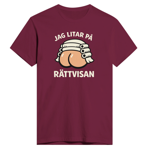 Vinröd t-shirt med absurd grafisk design som driver med rättssystemet