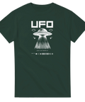 Mörkgrön t-shirt med flygande tefat i retro-stil och rymdinspirerade symboler